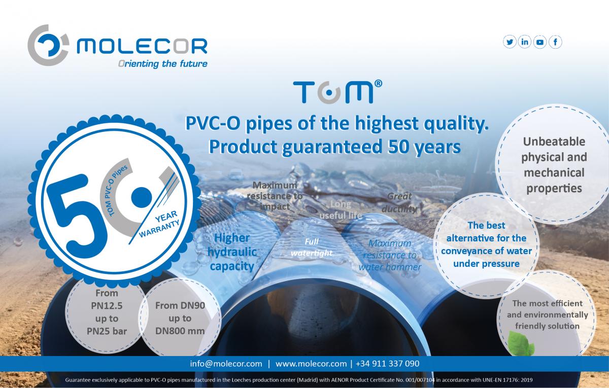 TOM®, PVC-O pipes guaranteed for 50 year: the revolution in the pressurized water transport market
