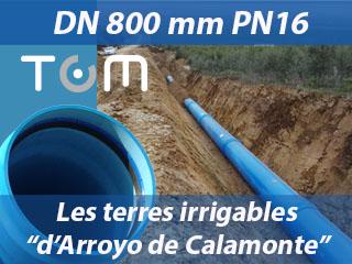 Molecor participe aux travaux des terres irrigables d’Arroyo de Calamonte (Mérida – Espagne) en tant que fournisseur des tuyaux en PVC-BO DN800 mm PN16