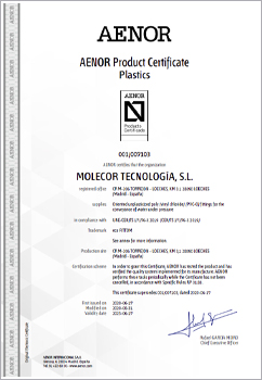 AENOR product certificate,  N mark for ecoFITTOM Oriented Poly(vinyl chloride) (PVC-O) fittings for channeling water systems, according to UNE-EN 17176 standard.