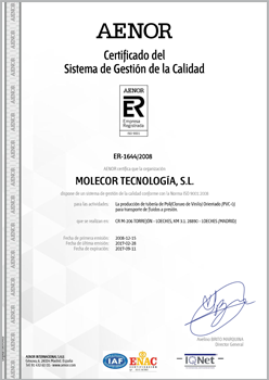 Certificat AENOR ISO 9001:2015 pour la production de tuyaux et accessoires en poly(chlorure de vinyle) Bi-Orienté (PVC-BO) pour le transport de fluides sous pression.