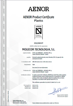 AENOR product certificate, N mark for Oriented Poly (vinyl chloride) (PVC-O) pipes for water channeling systems, in accordance with the ISO 16422 standard.