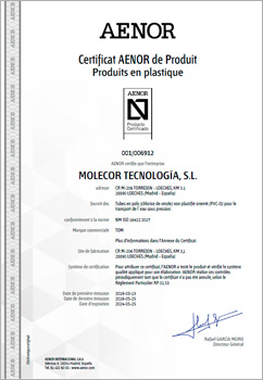 Certificat de Produit AENOR, marque N pour les tuyaux Bi-Orientés en poly(chlorure de vinyle) (PVC-BO) pour les systèmes de canalisation d'eau, conformément à la norme ISO 16422.