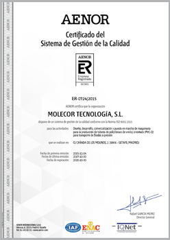Certificado UNE-EN ISO 9001:2015 Para el diseño, desarrollo, comercialización y puesta en marcha de maquinaria para la producción de tubería de poli(cloruro de vinilo) orientado (PVC-O) para el transporte de fluidos a presión.