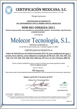 Product certificate in accordance with the official Mexican standard NOM-001-CONAGUA-2011.