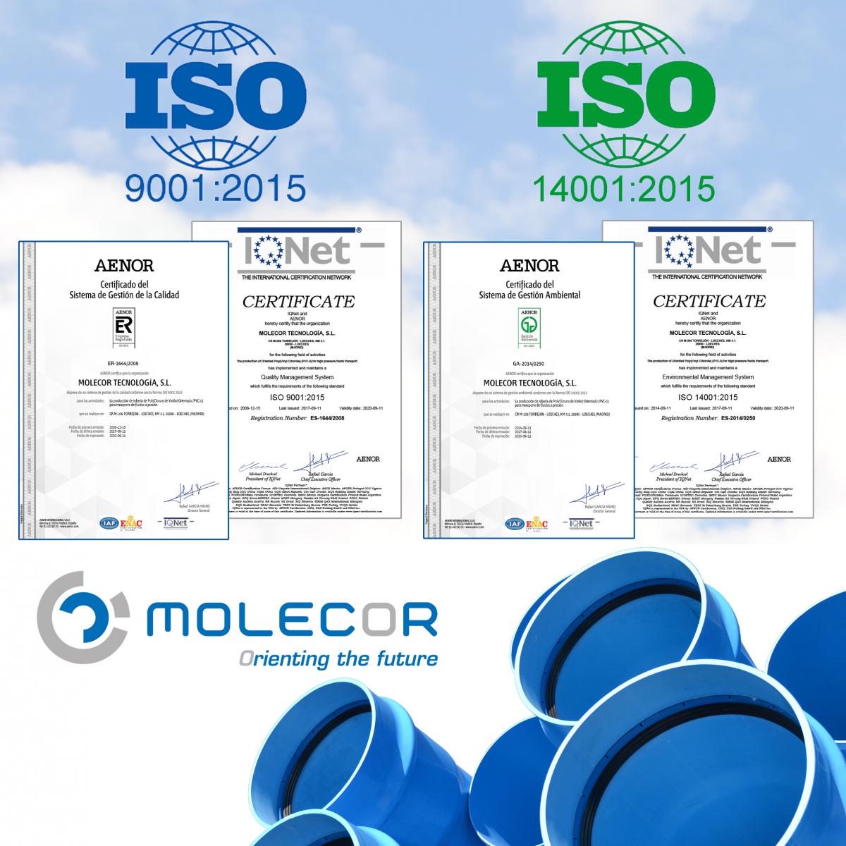Molecor adapta y certifica su Sistema de Gestión de Calidad y Medio Ambiente según la nueva versión 2015 de las normas UNE-EN ISO 9001 y UNE-EN ISO 14001