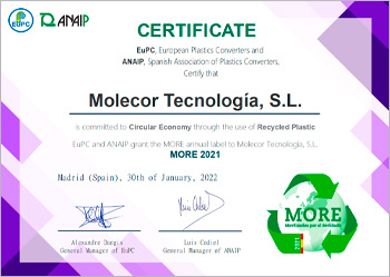 Certificat d'engagement en faveur de l'Economie Circulaire avec l'intégration de plastique recyclé