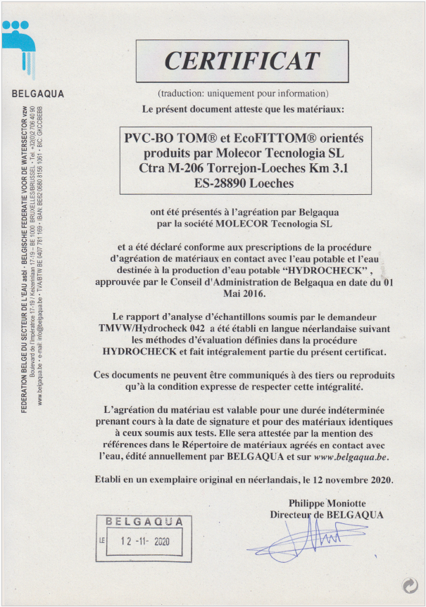 Certificado sanitario HYDROCHECK (Bélgica)