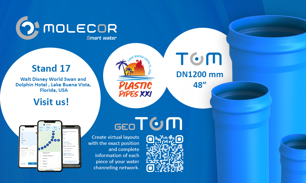 Molecor will present important innovations at Plastic Pipes XXI: the TOM® DN1200 mm pipe and the geoTOM® application