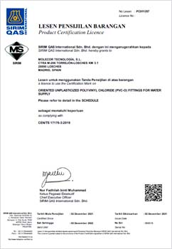 AENOR product certificate,  N mark for ecoFITTOM Oriented Poly(vinyl chloride) (PVC-O) fittings for channeling water systems, according to UNE-EN 17176 standard.