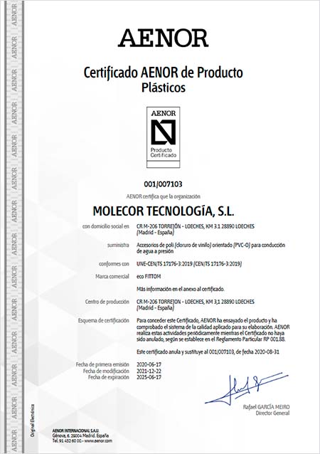 Certificado AENOR accesorios de PVC-O ecoFITTOM