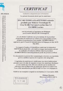 Certificat sanitaire HYDRODECK, (Belgique)