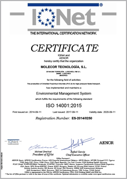 Certificado IQ Net ISO 14001:2015 for the production of Oriented Poly(Vinyl Clhoride) (PVC-0) pipes and fittings for high pressure fluids transport.