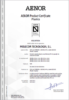 AENOR product certificate, N mark for TOM Oriented Poly(vinyl chloride) (PVC-O) pipes for channeling water systems, according to UNE-EN 17176 standard. Parts 1, 2 and 5