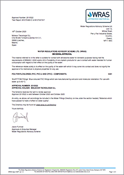 Certificat sanitaire WRAS, (UK). Accessoires en PVC-BO FITTOM. Pour une utilisation avec de l'eau jusqu'à 60 ºC